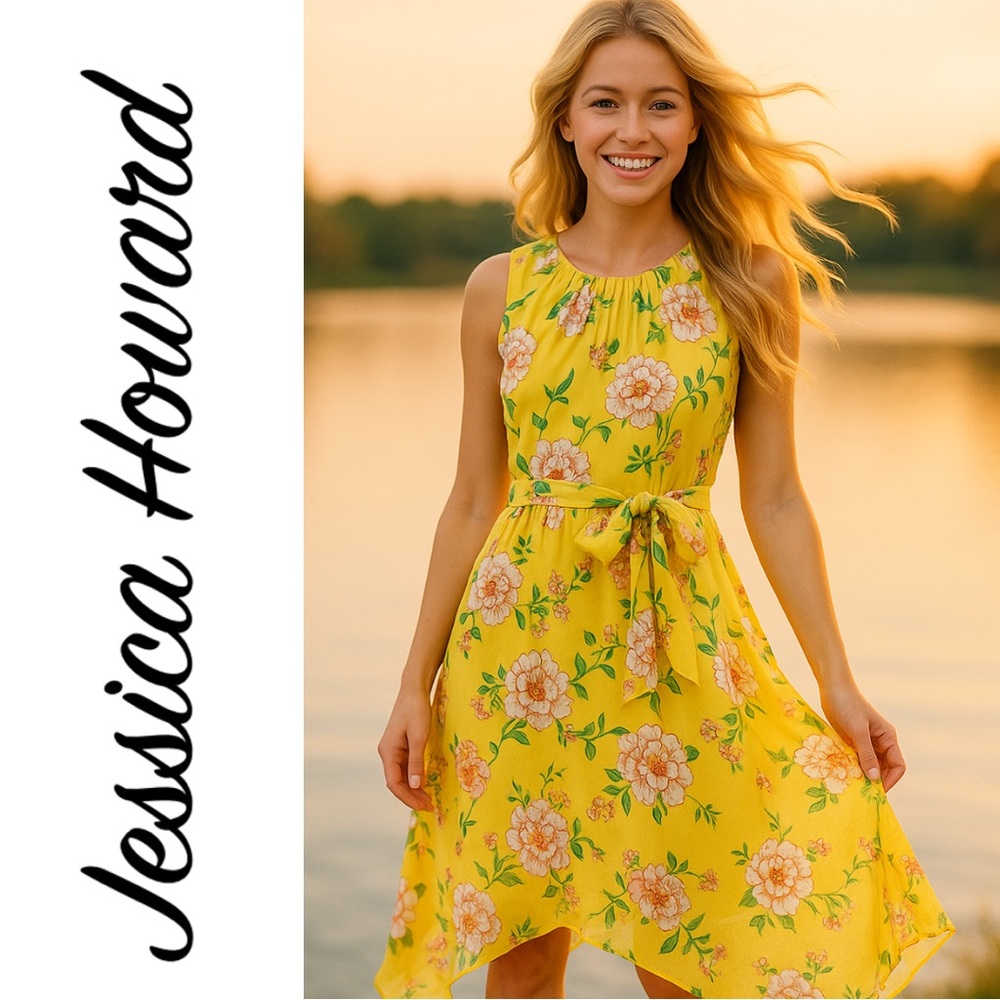 Jessica Howard Petite Floral Print Handkerchief Hem Floral Midi Dress, NWT!